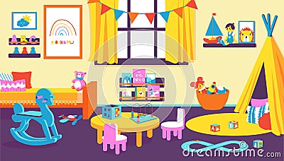 Kids room. Cartoon kindergarten interior with transport and animal toys and dolls for toddler. Bedroom for children Stock Photo