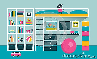 Kids room. Children furniture with bunk bed and table. Vector Illustration