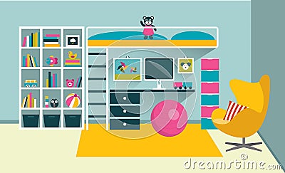 Kids room. Children furniture with bunk bed and table. Vector Illustration