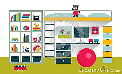 Kids room. Children furniture with bunk bed and table. Vector Illustration