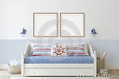 Kids room in coastal style. Interior and frame mockup. 3d render Stock Photo