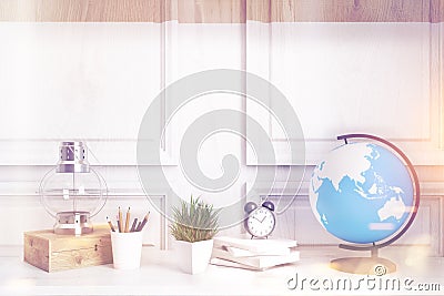 Kids room or home office white table, wood toned Stock Photo