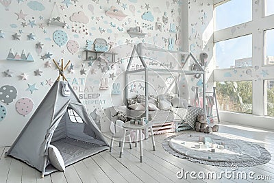 Kids room with light interior design in apartment Stock Photo