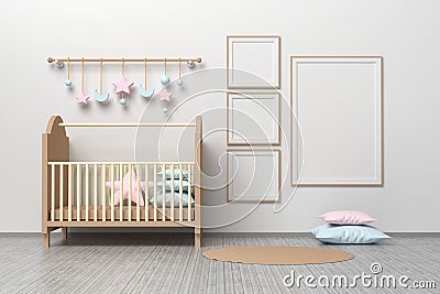 Kids room nursery mockup template with cradle, pillows, hanging toys and three square frames and one A4 blank frame Cartoon Illustration