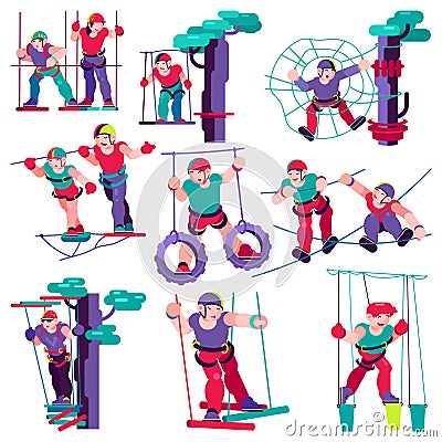 Kids rope vector child character climbing in adventure rope-park illustration children entertainment set of roped Vector Illustration