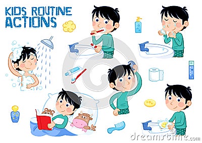 Kids and daily routine - little boy with dark hair - hygiene Cartoon Illustration