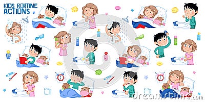 Kids and daily routine - sleeping, showering, washing hands and face, brushing teeth, combing hair, waking up, bedtime Stock Photo