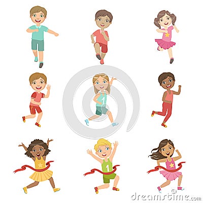 Kids In Running Competition Set Vector Illustration