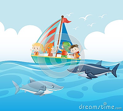 Kids sailing and sharks swimming Vector Illustration