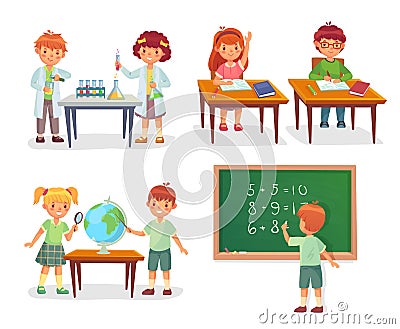 Kids on school lesson. Primary schools pupils on chemistry lessons, learn geography globe or sit at desk vector cartoon Vector Illustration