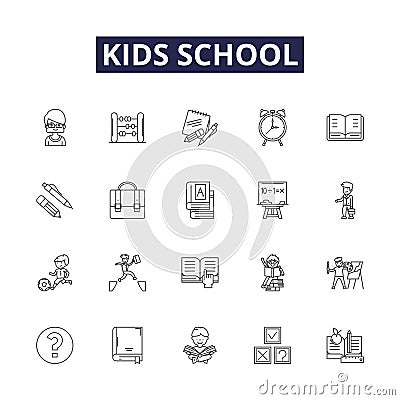 Kids school line vector icons and signs. Kids, School, Learning, Activities, Books, Teaching, Play, Homework outline Vector Illustration