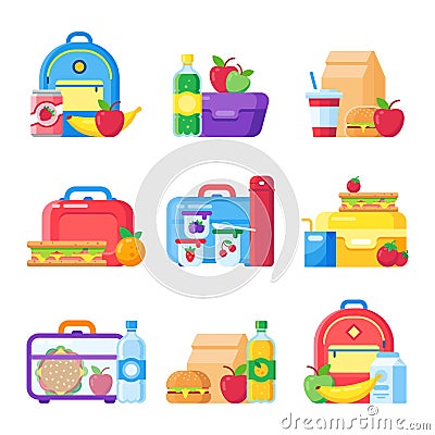 Kids school lunch box. Schoolkid meal bag for dinner. Red apple, milk snack dinners in children food boxes flat vector Vector Illustration