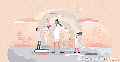 Kids science scene with chemistry teacher in laboratory tiny person concept Vector Illustration