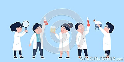 Kids scientist holding laboratory tools. Little school students on chemistry or biology lesson. Children in science Vector Illustration