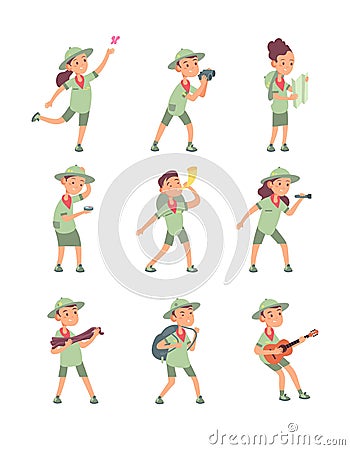 Kids in scout costumes. Young scouts boys and girls have adventure in summer camping. Cute children vector cartoon Vector Illustration