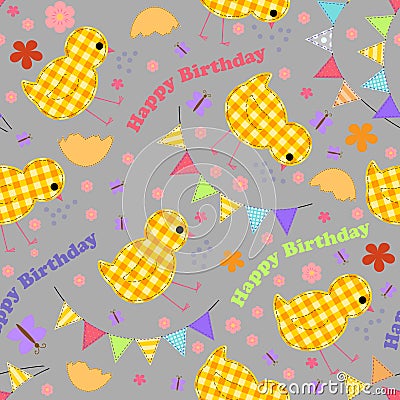 Kids seamless background with chickens, garlands, happy birthday Vector Illustration