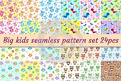 Kids seamless pattern big set. Children endless background with cute birds, owls, teddy bear. Vector Illustration