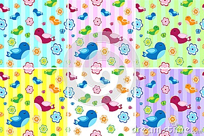 Kids seamless pattern with birds. Birdies endless background, texture. Vector Illustration