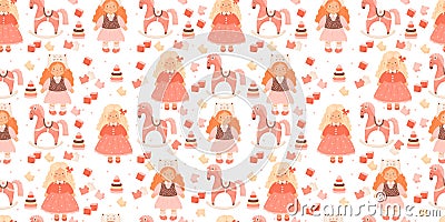 Kids seamless pattern. Children doll toys. Cute curly girls, rocking horse, puzzles, cubes and pyramid on white Vector Illustration