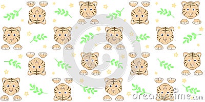 Kids seamless pattern with cute little tiger, green twigs and small stars on a white background Vector Illustration