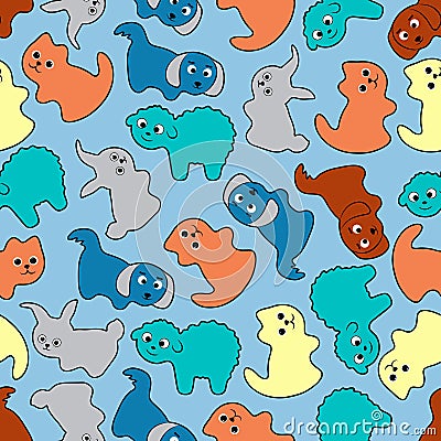 Kids seamless pattern with kittens, puppies, lambs, rabbits Vector Illustration