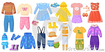 Kids seasonal outfit. Baby child autumn winter spring summer clothes, children colouring clothing male pants warm jumper Vector Illustration