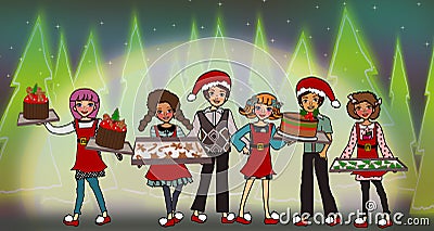 Kids serving Christmas cake and cookies Cartoon Illustration