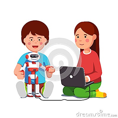 Kids setting up robot connected to laptop computer Vector Illustration