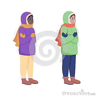 Kids shaking from cold semi flat color vector character set Cartoon Illustration