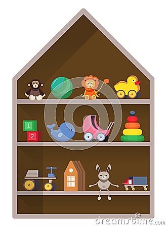 Kids shop, shelf with toys. Colorful childish illustration. Vector Illustration