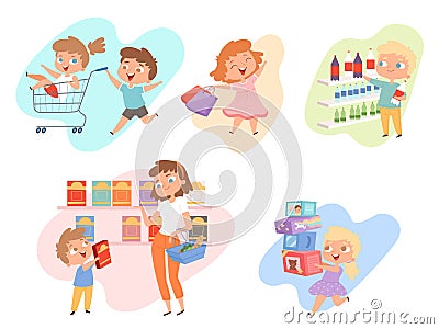 Kids shopping. Children playing in grocery market fashioned family happy kids vector Vector Illustration
