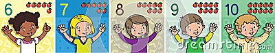 Kids showing numbers 6 to 10 by fingers. Education Cartoon Illustration