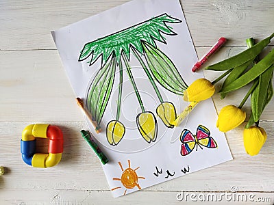 Kids simple breakfast cereal scene with tulips artwork Stock Photo