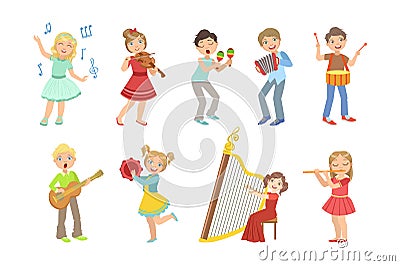 Kids Singing And Playing Music Instruments Set Vector Illustration