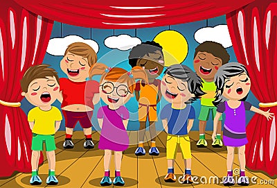 Kids singing stage school play Vector Illustration