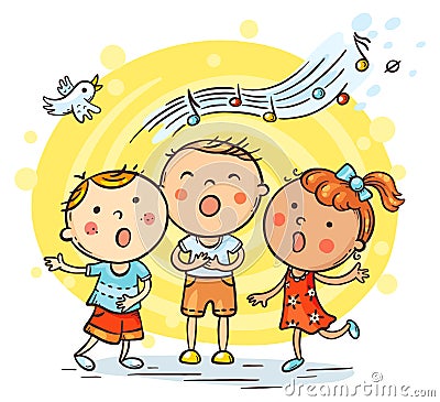 Kids singing together, variant with cartoon hands Vector Illustration