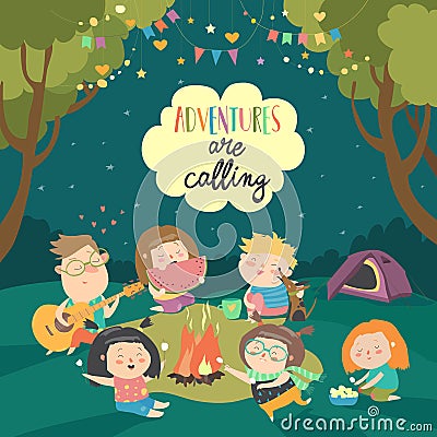 Kids sitting around bonfire and roasting marshmallows Vector Illustration