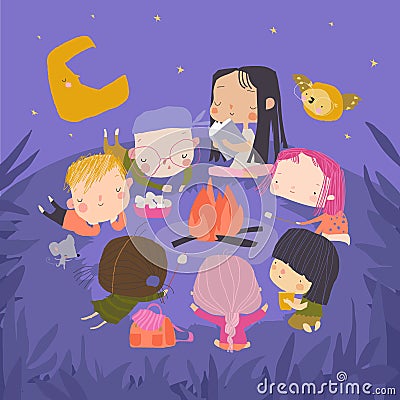 Kids sitting Around Bonfire and roasting Marshmallows Vector Illustration