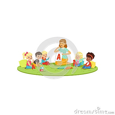 Kids sitting on carpet with teacher and learning to pronounce letter A. Speech therapist teach little boys and girls in Vector Illustration