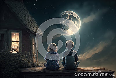 Kids sitting on roof at night, little boy and girl looks at moon in sky, generative AI Stock Photo