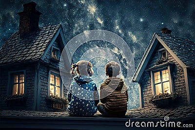 Kids sitting on roof at night, little boy and girl looks at stars on sky, generative AI Stock Photo