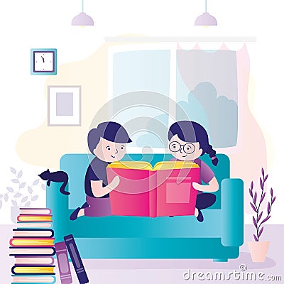 Kids sitting on sofa and read interesting book. Schoolboy and schoolgirl explore storybook. Stack of various children books, Vector Illustration