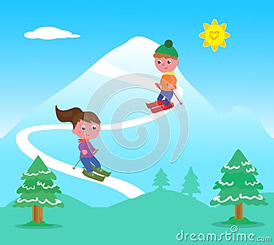 Kids skiing on mountains Vector Illustration