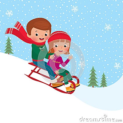 Kids sledding Vector Illustration