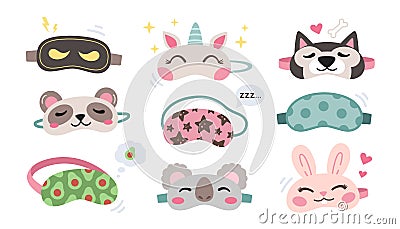 Kids sleeping masks set. Cute animals faces masks - koala, unicorn, ninja, bunny, panda, husky dog. Vector Illustration