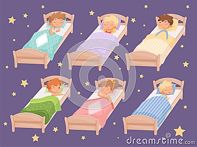 Kids sleeping. Quiet hour in kindergarten blanket childrens bedroom rest of boys and girls relaxing bedding vector Vector Illustration