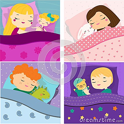 Kids sleeping with toys. Cartoon children in bed having sweet dreams. Boys and girls Baby bedtime Vector Illustration