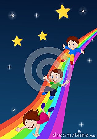 Kids Sliding Down a Rainbow Vector Illustration