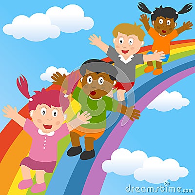 Kids Sliding on the Rainbow Vector Illustration