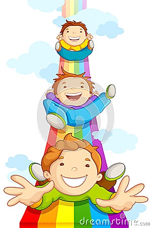 Kids SLiding on Rainbow Vector Illustration